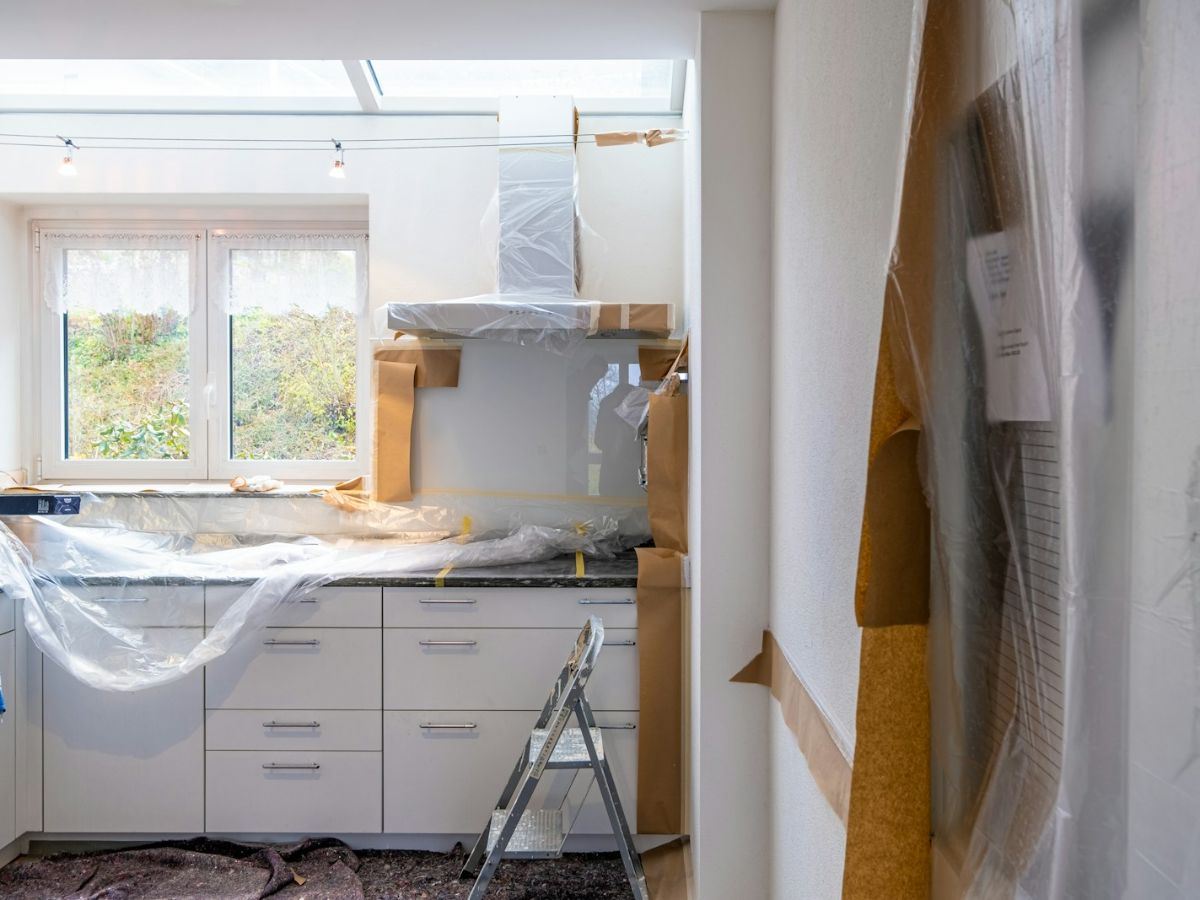 A kitchen mid-job, everything covered